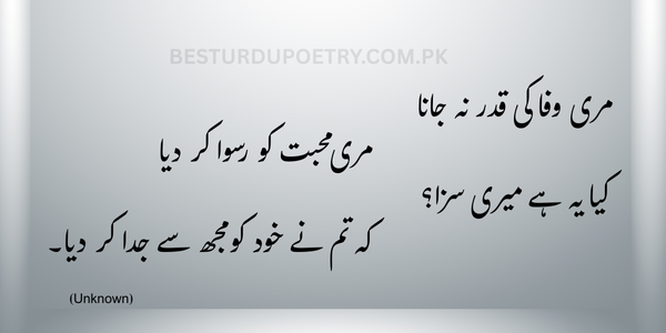 مری وفا کی قدر نہ جانا،
مری محبت کو رسوا کر دیا،
کیا یہ ہے میری سزا؟
کہ تم نے خود کو مجھ سے جدا کر دیا۔